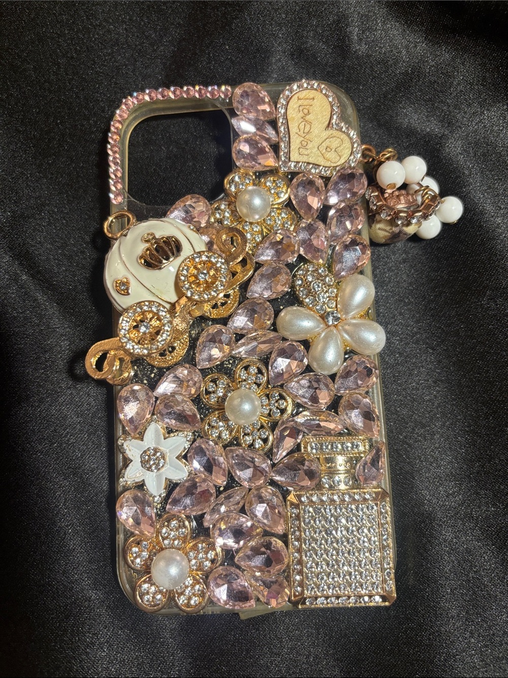 Bejeweled Pink Crystal Floral Phone Case with Charms